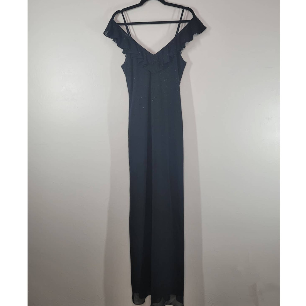 Adrianna Papell Maxi Dress Size 10 V-Neck Flutter Cold Shoulder Beaded Black